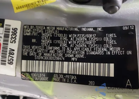 2013 Toyota Sienna Xle V6 8 Passenger из США, поврежденный, VIN 5TDYK3DC0DS298474